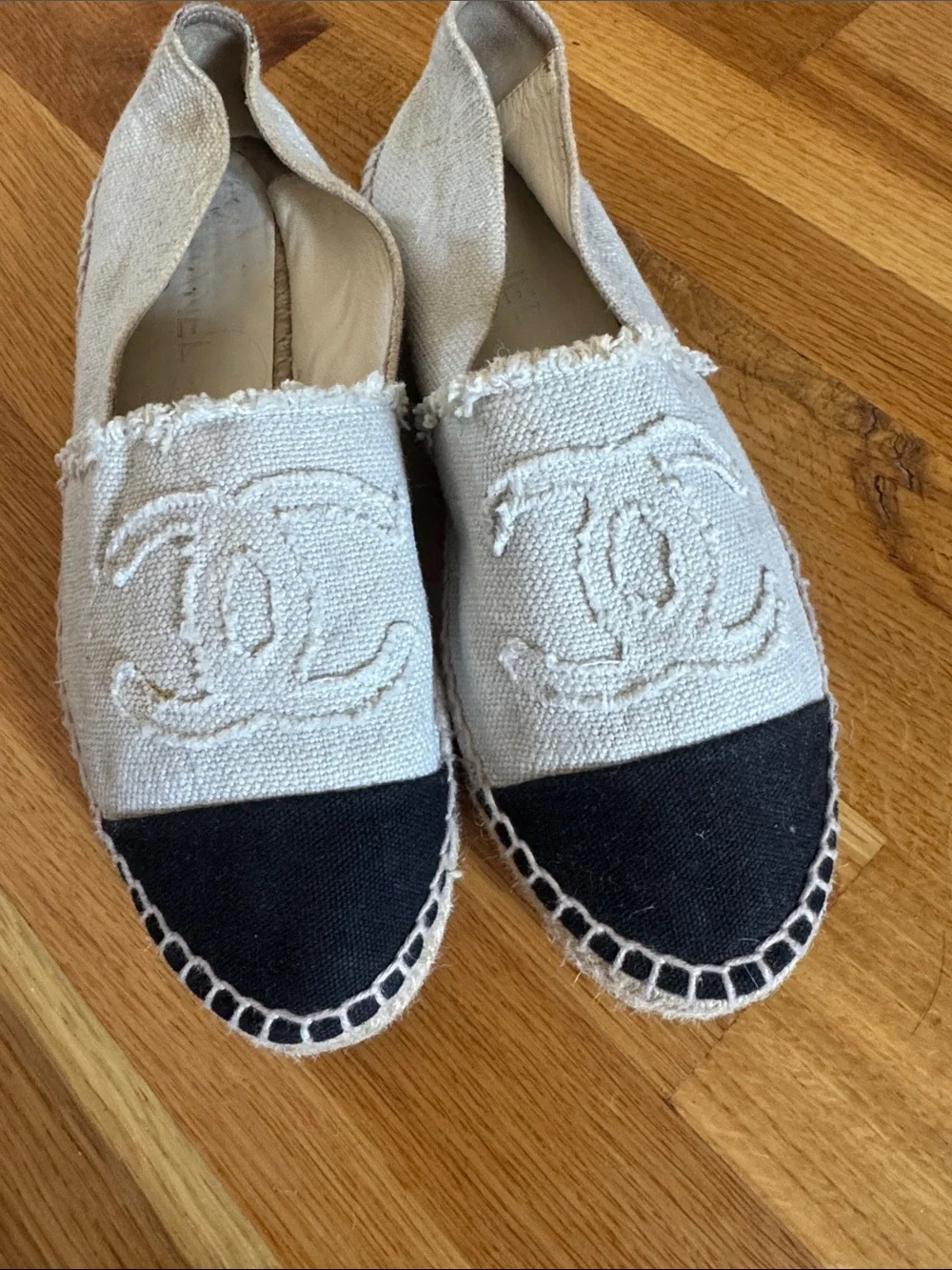 CHANEL Cream and Black Canvas Espadrilles